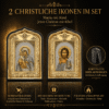 Ikonen Set 2er Maria mit Kind und Jesus Christus mit Bibel, schwarzer Rahmen mit goldenem Taubenmotiv