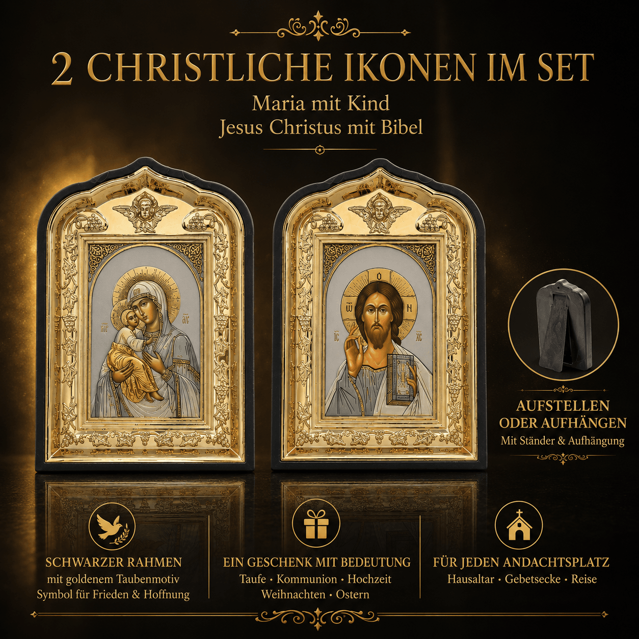 Ikonen Set 2er Maria mit Kind und Jesus Christus mit Bibel, schwarzer Rahmen mit goldenem Taubenmotiv