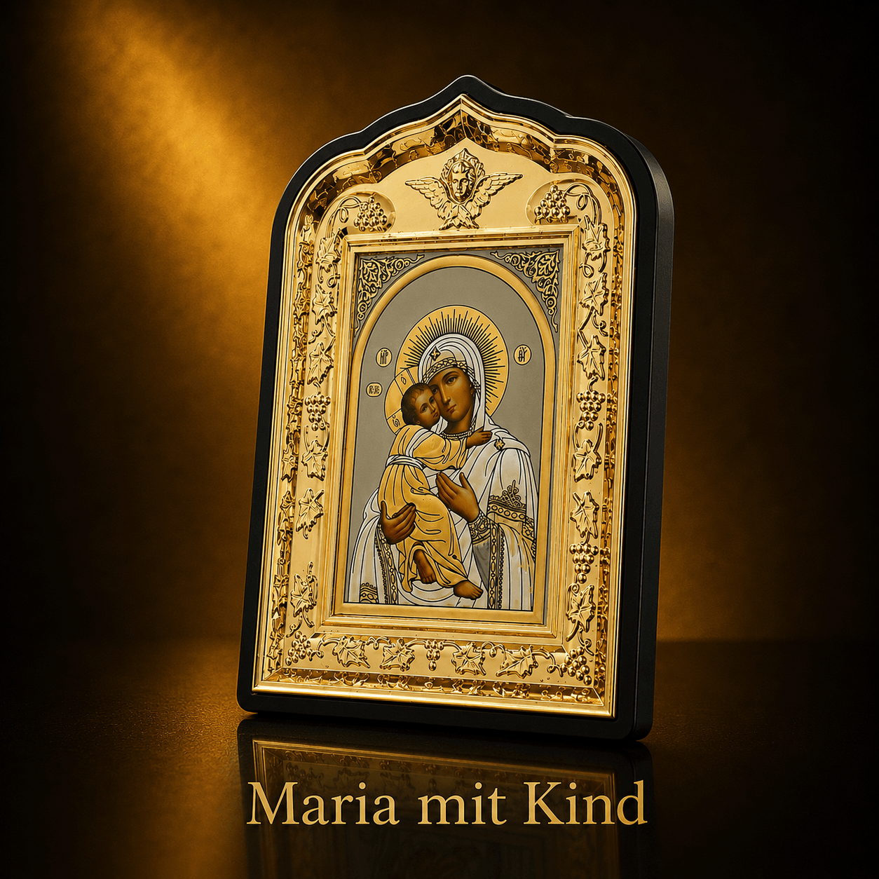 Ikonen Set 2er Maria mit Kind und Jesus Christus mit Bibel, schwarzer Rahmen mit goldenem Taubenmotiv