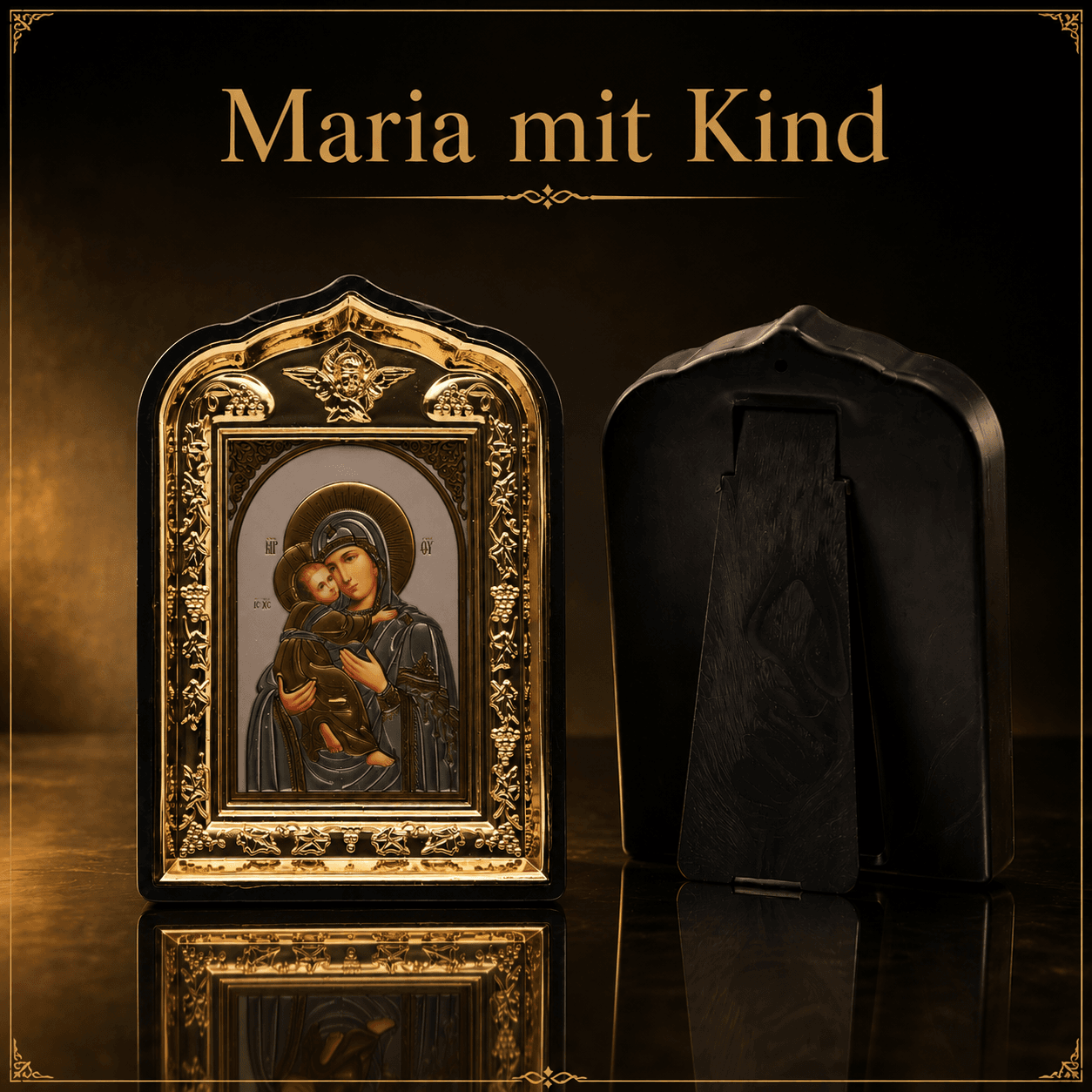 Ikonen Set 2er Maria mit Kind und Jesus Christus mit Bibel, schwarzer Rahmen mit goldenem Taubenmotiv