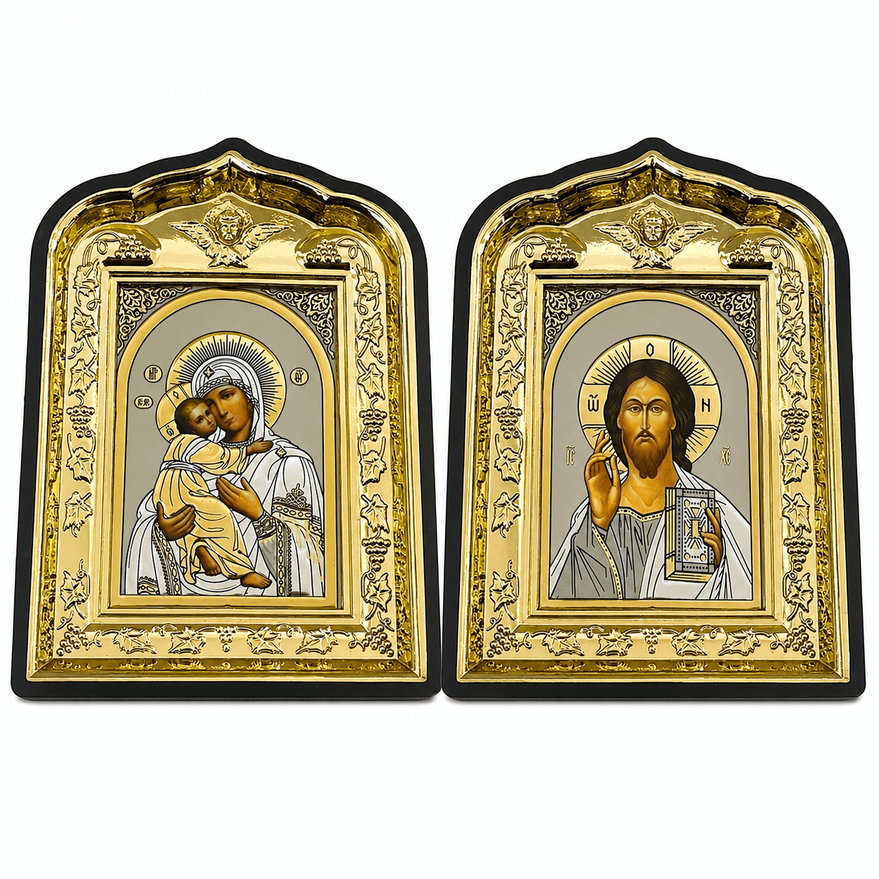 christliches Ikonen Set 2er Maria mit Kind und Jesus Christus mit Bibel, schwarzer Rahmen mit Goldrelief