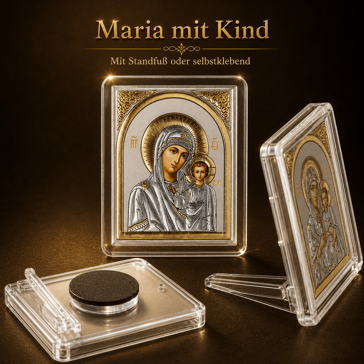 Marienikonen 5er-Set Maria mit Kind, gerahmte Mini-Ikonen 60 x 50 mm zum Aufstellen oder Aufhängen