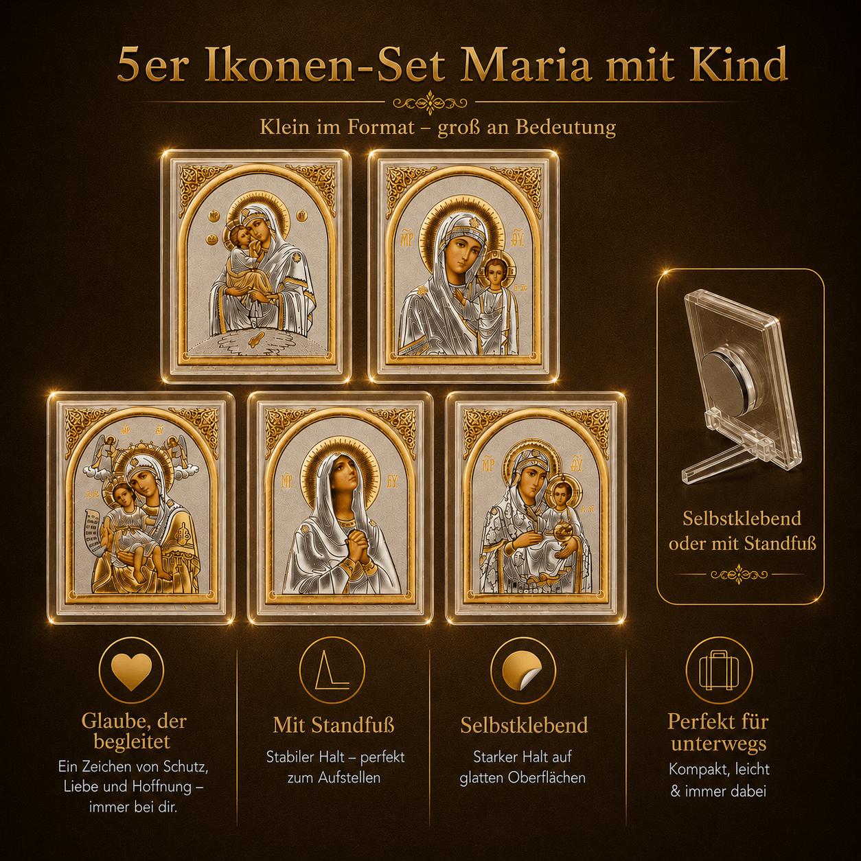 Marienikonen 5er-Set Maria mit Kind, gerahmte Mini-Ikonen 60 x 50 mm zum Aufstellen oder Aufhängen