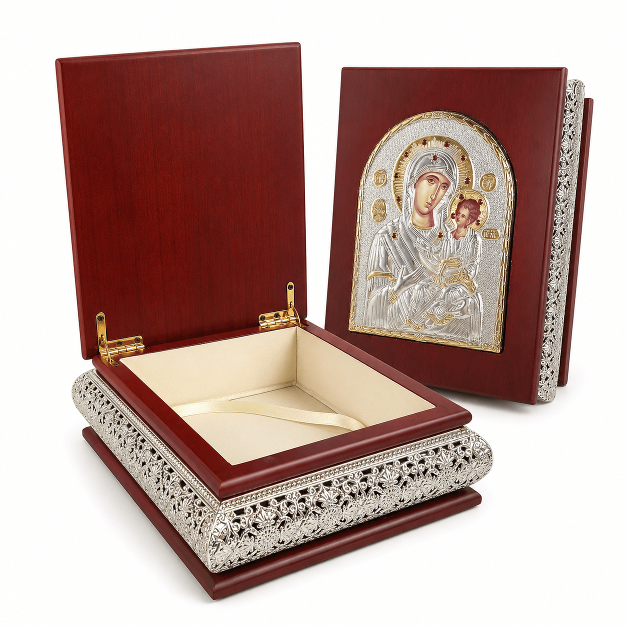 Tauf-Schmuckschatulle mit Ikone – für Kreuz, Armband & Erinnerungsstücke 6 Holzschatulle mit Ikone Gottesmutter mit Jesuskind Berg Griechenland 23x18 cm Mahagoni
