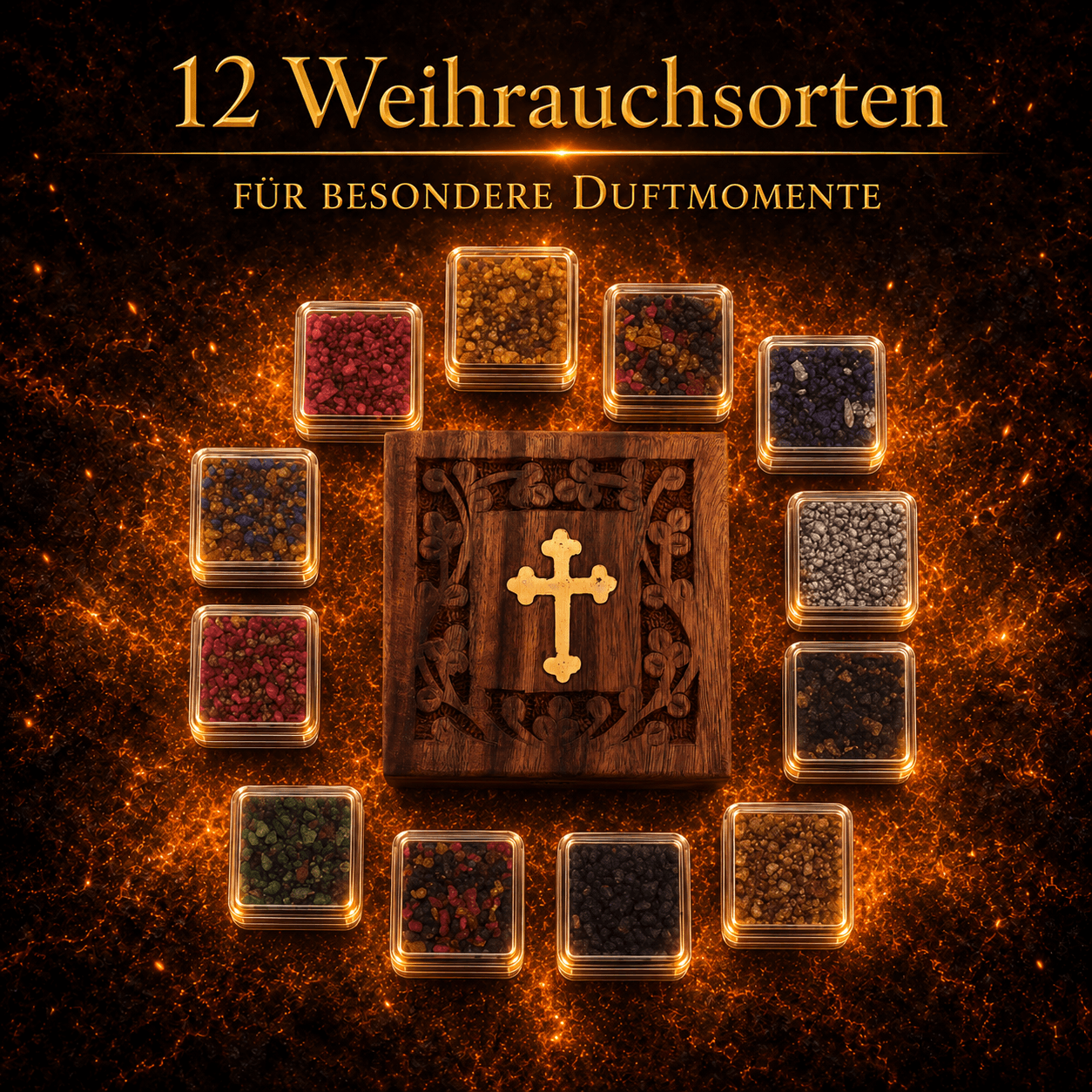 Weihrauch Geschenkset 12 Sorten Kirchenweihrauch Holzbox mit Kreuzgravur