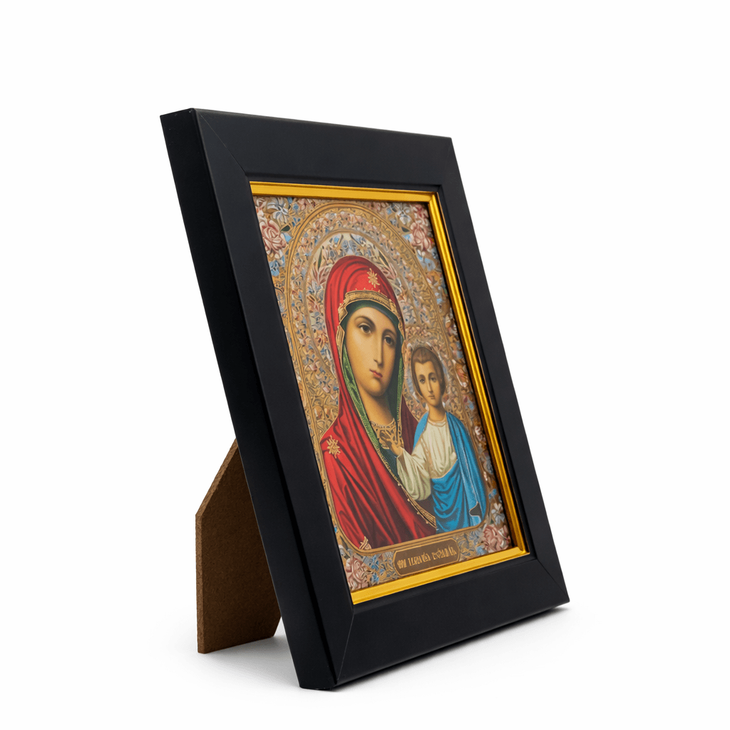 Ikone Gottesmutter von Kasan 13x15 cm schwarzer Rahmen mit Ständer Hodegetria