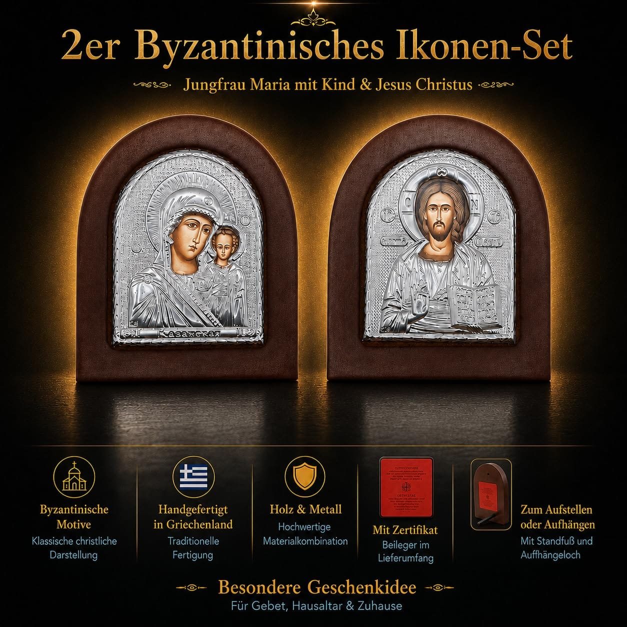 Byzantinisches Ikonen-Set aus Holz – Detailaufnahme 1 Byzantinisches Ikonen-Set aus Holz – Jesus Christus und Gottesmutter von Kasan, Detailaufnahme