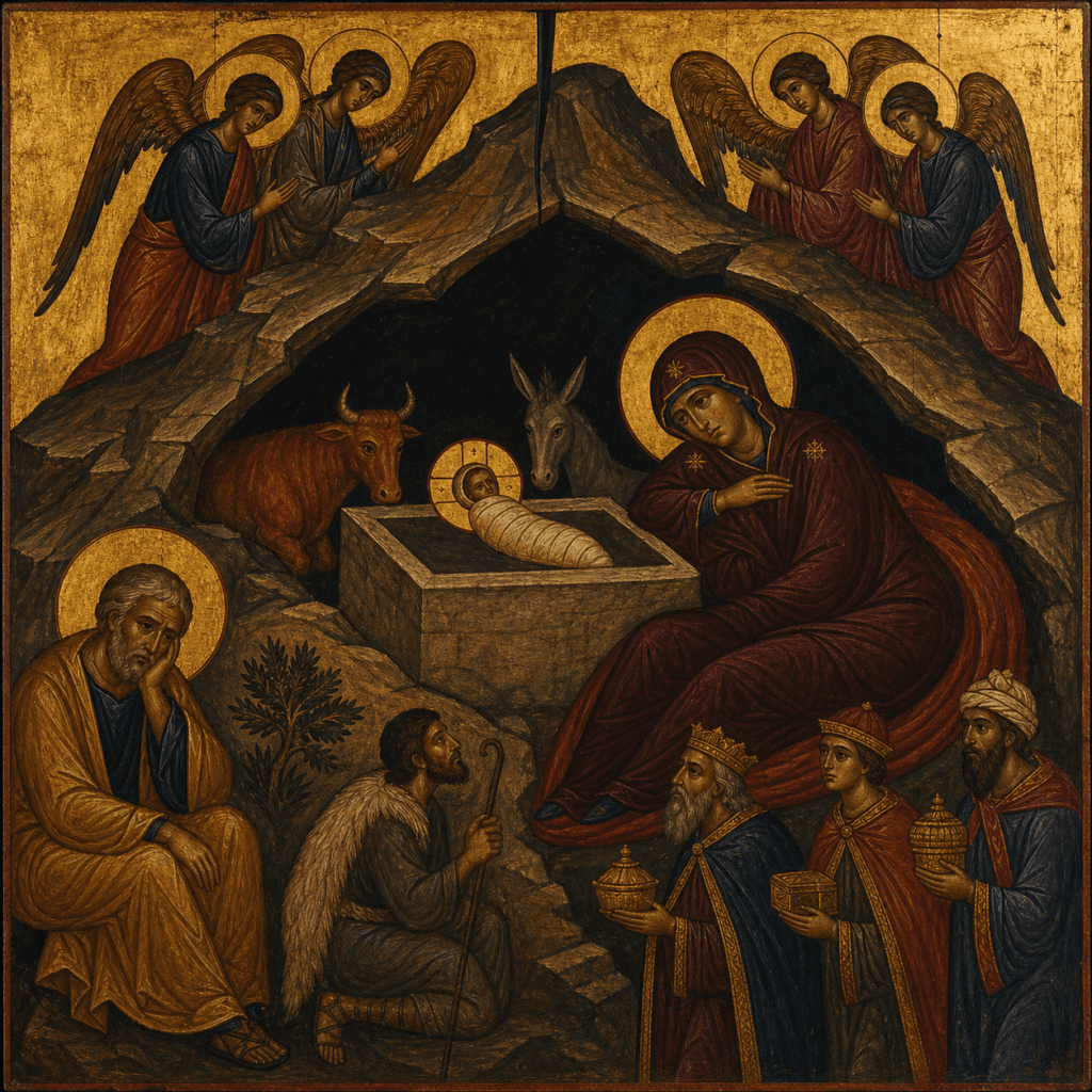 Geburt Christi in Bethlehem im Stil einer athonitischen Ikone