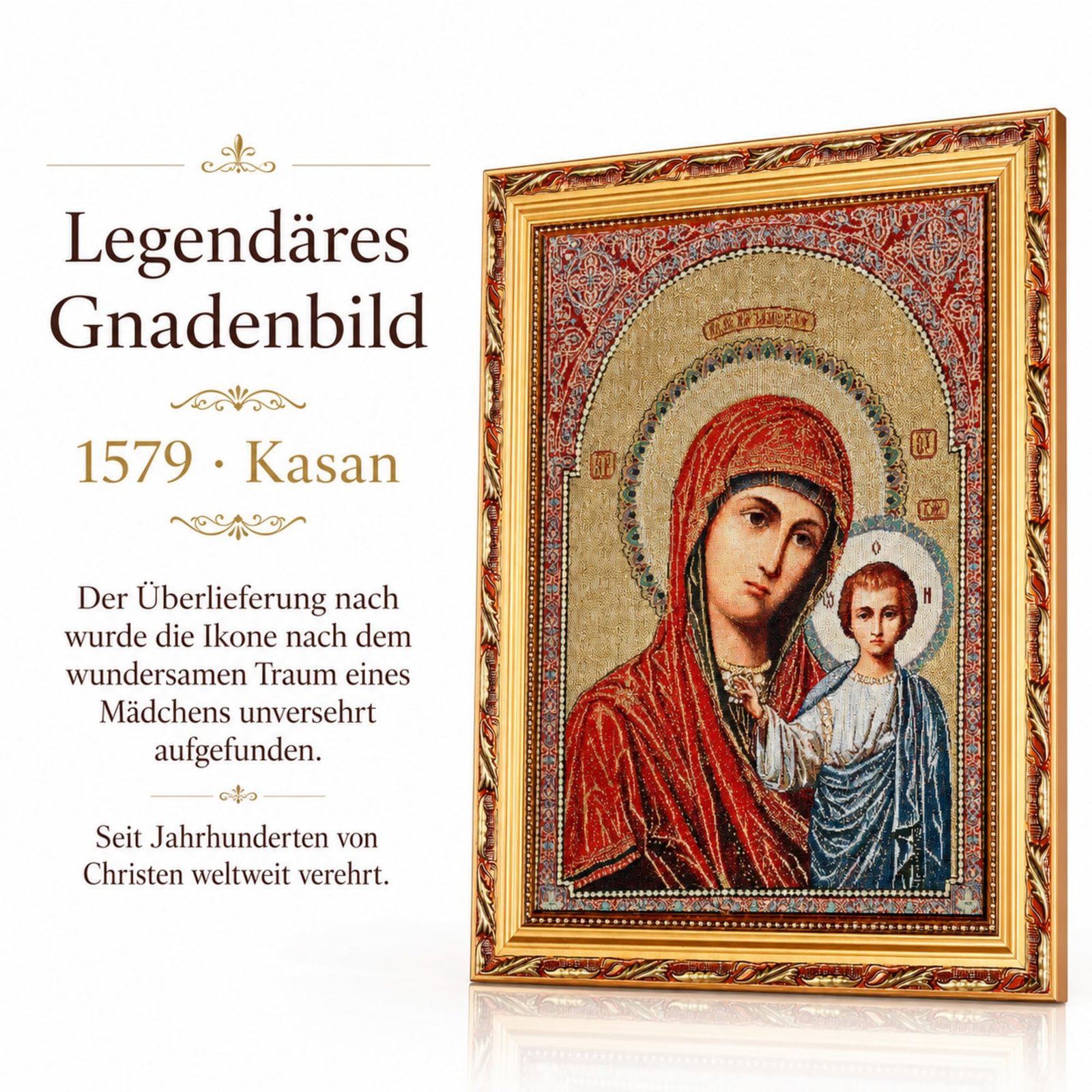 Gewebte Ikone Gottesmutter von Kasan, 35 × 45 cm – Detailaufnahme