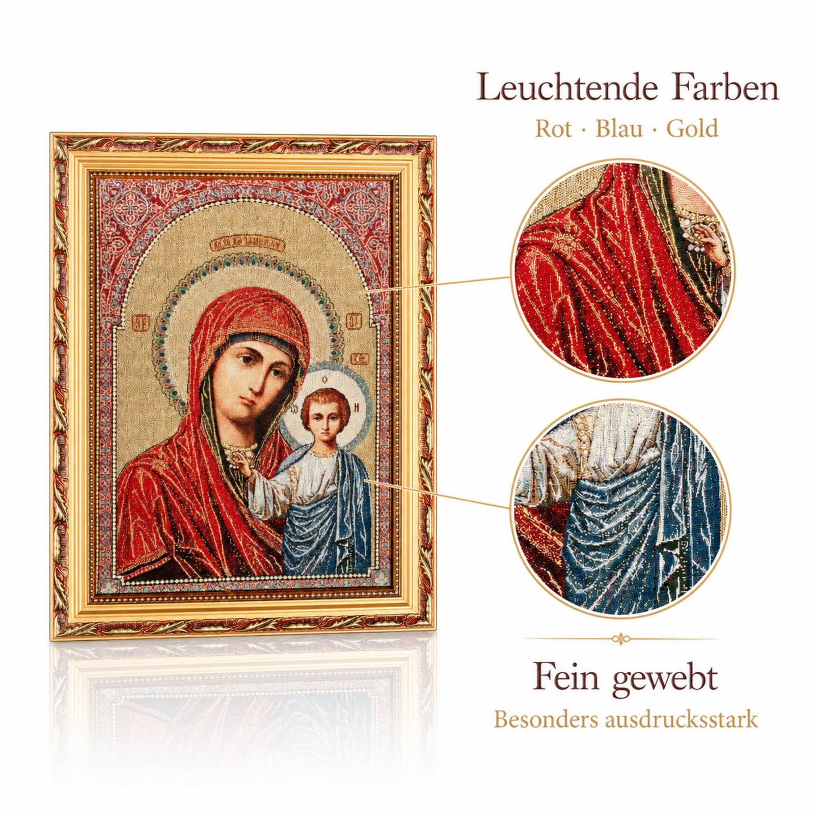 Gewebte Ikone Gottesmutter von Kasan, 35 × 45 cm – Detailaufnahme