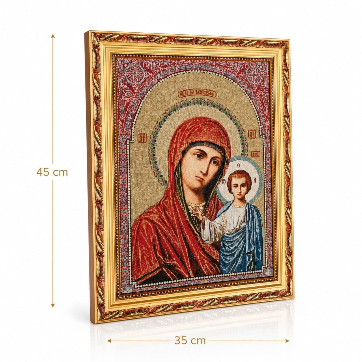 Gewebte Ikone Gottesmutter von Kasan, 35 × 45 cm – Detailaufnahme