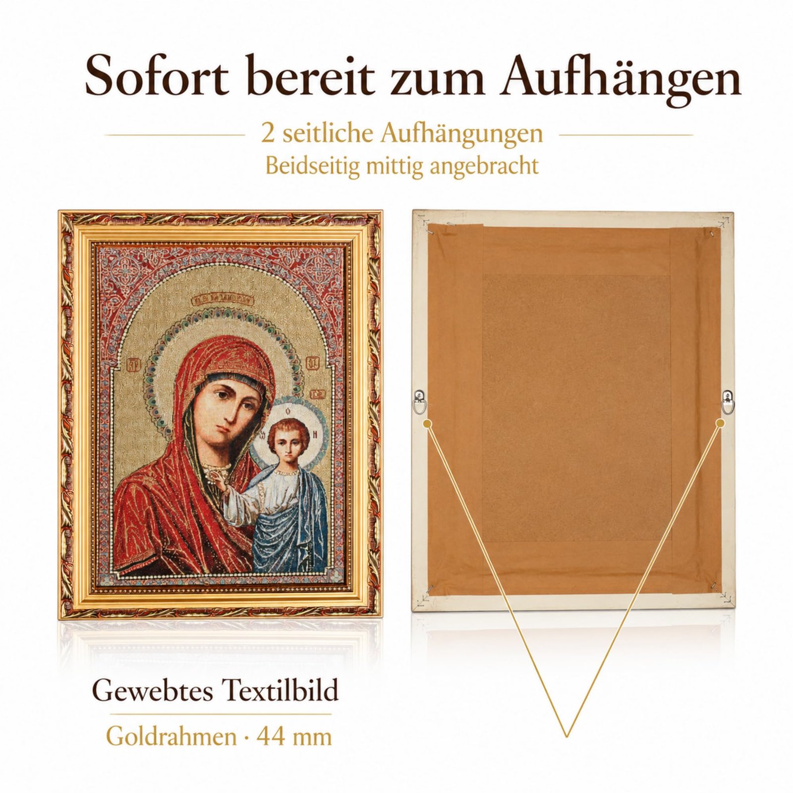 Gewebte Ikone Gottesmutter von Kasan, 35 × 45 cm – Detailaufnahme