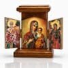 Klappbares Holz-Triptychon mit Maria, Jesuskind, Erzengel Michael und Gabriel, 12 × 12 cm