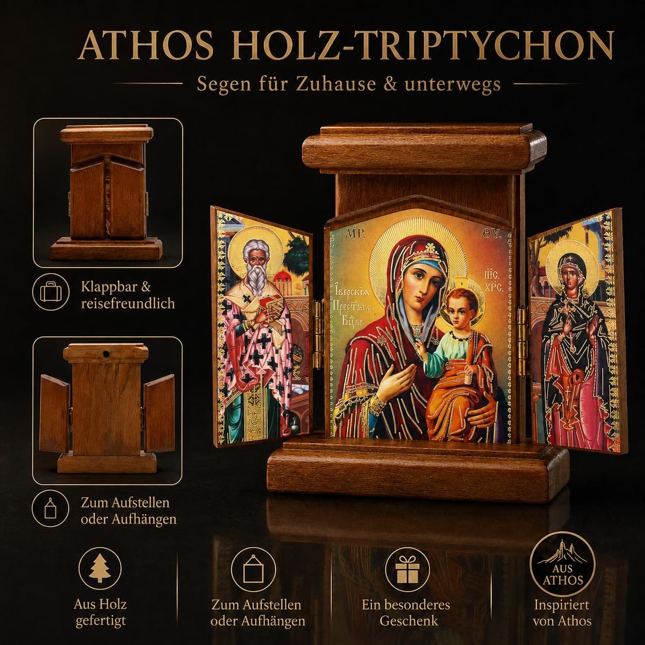 Klappbares Holz-Triptychon mit Maria, Jesuskind, Erzengel Michael und Gabriel, 12 × 12 cm