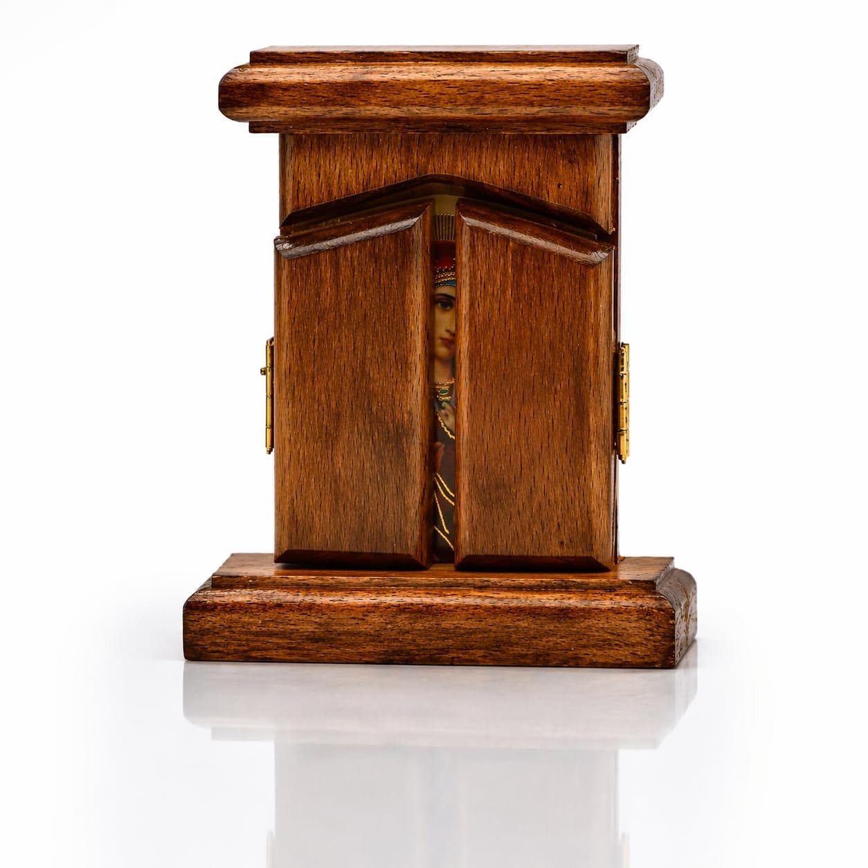 Klappbares Holz-Triptychon mit Maria, Jesuskind, Erzengel Michael und Gabriel, 12 × 12 cm
