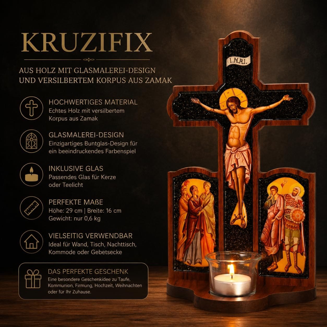 Holzkruzifix Licht der Hoffnung mit Kerzenglas – Detailaufnahme