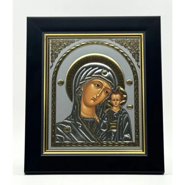 Startseite 15 Ikone Gottesmutter von Kasan, Silber-Gold-Relief im schwarzen Rahmen, von misticSparks