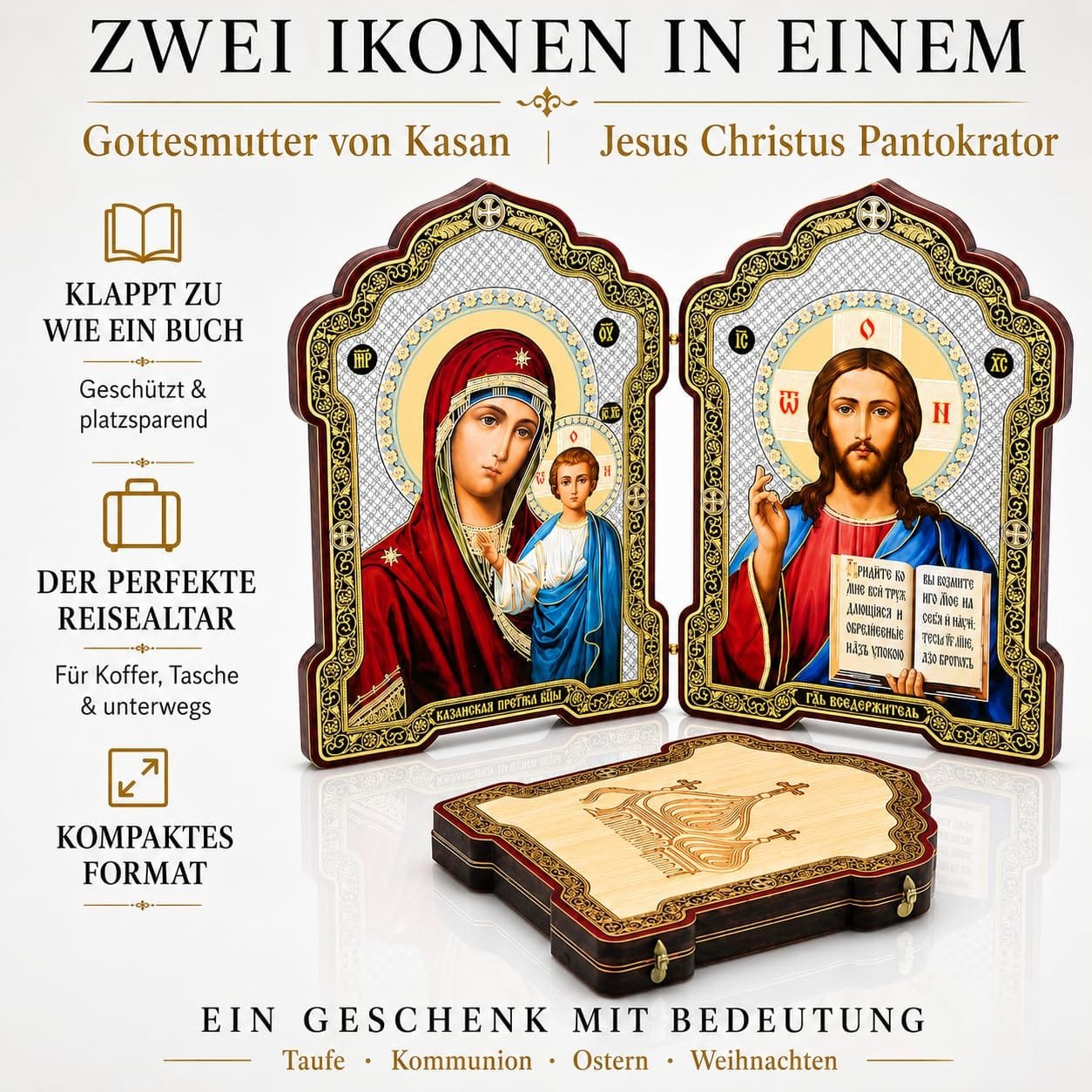 Ikonen-Diptychon aus Holz – Kasan & Pantokrator, 13 × 18 cm – Detailaufnahme