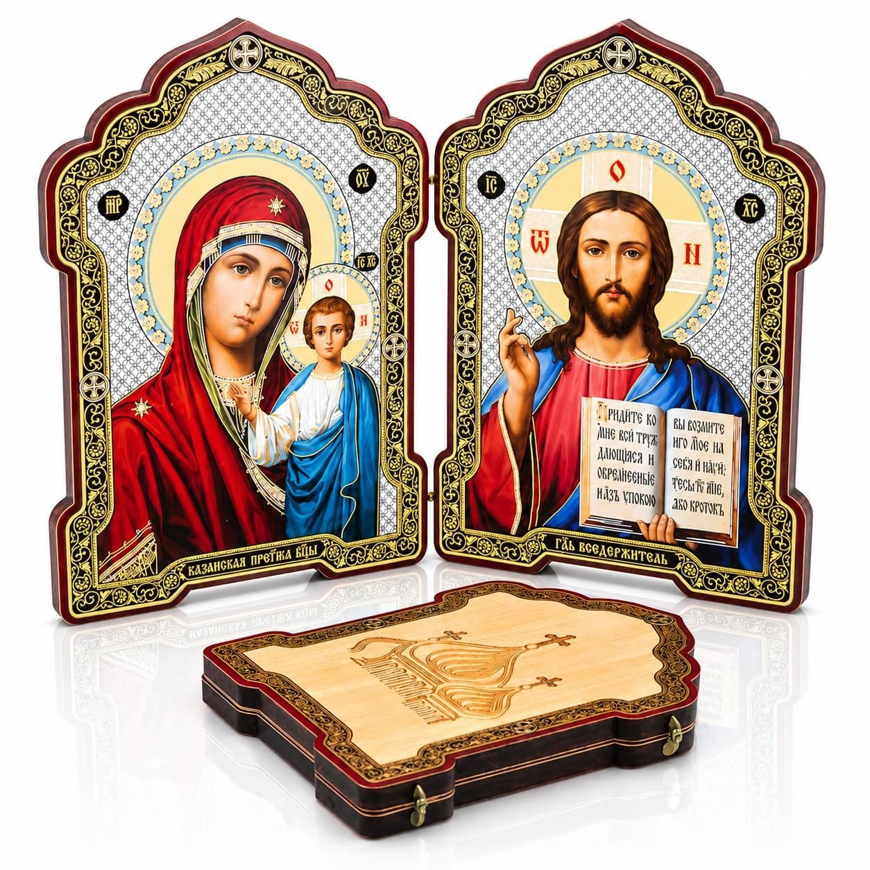 Ikonen-Diptychon aus Holz – Kasan & Pantokrator, 13 × 18 cm – Detailaufnahme