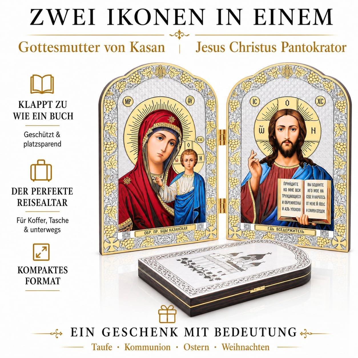 Ikonen-Diptychon aus Holz – Kasan & Pantokrator, 20 × 13 cm – Detailaufnahme 1 Ikonen-Diptychon aus Holz – Kasan & Pantokrator, 20 × 13 cm – Detailaufnahme