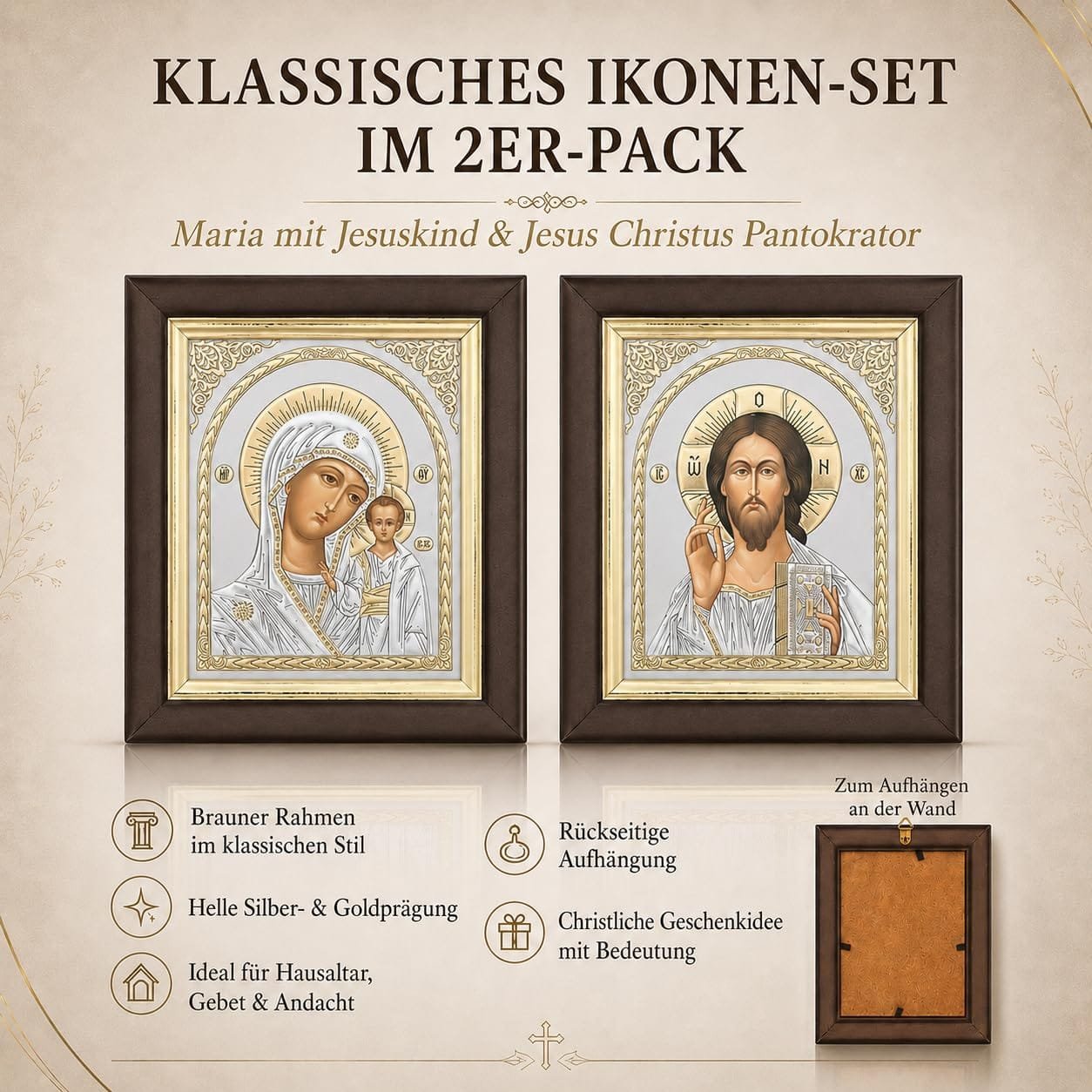 Ikonen-Set 2er – Maria mit Kind & Christus Pantokrator – Detailaufnahme
