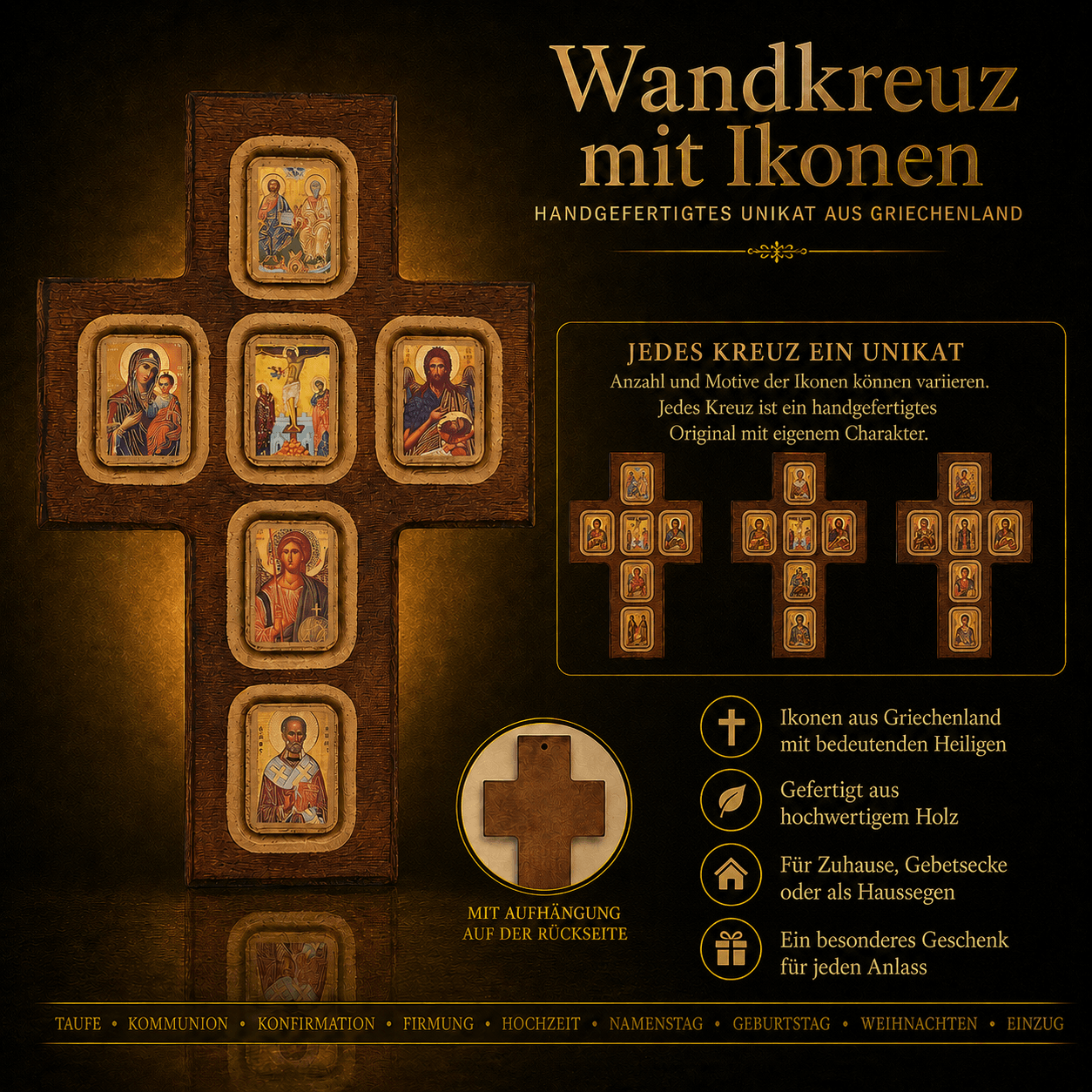 misticSparks Wandkreuz aus Holz mit Ikonen 25 x 15 cm – Kreuz mit Heiligenbildern aus Griechenland – Handgefertigtes Unikat – Christliche Wanddeko – Geschenk zu Taufe, Kommunion
