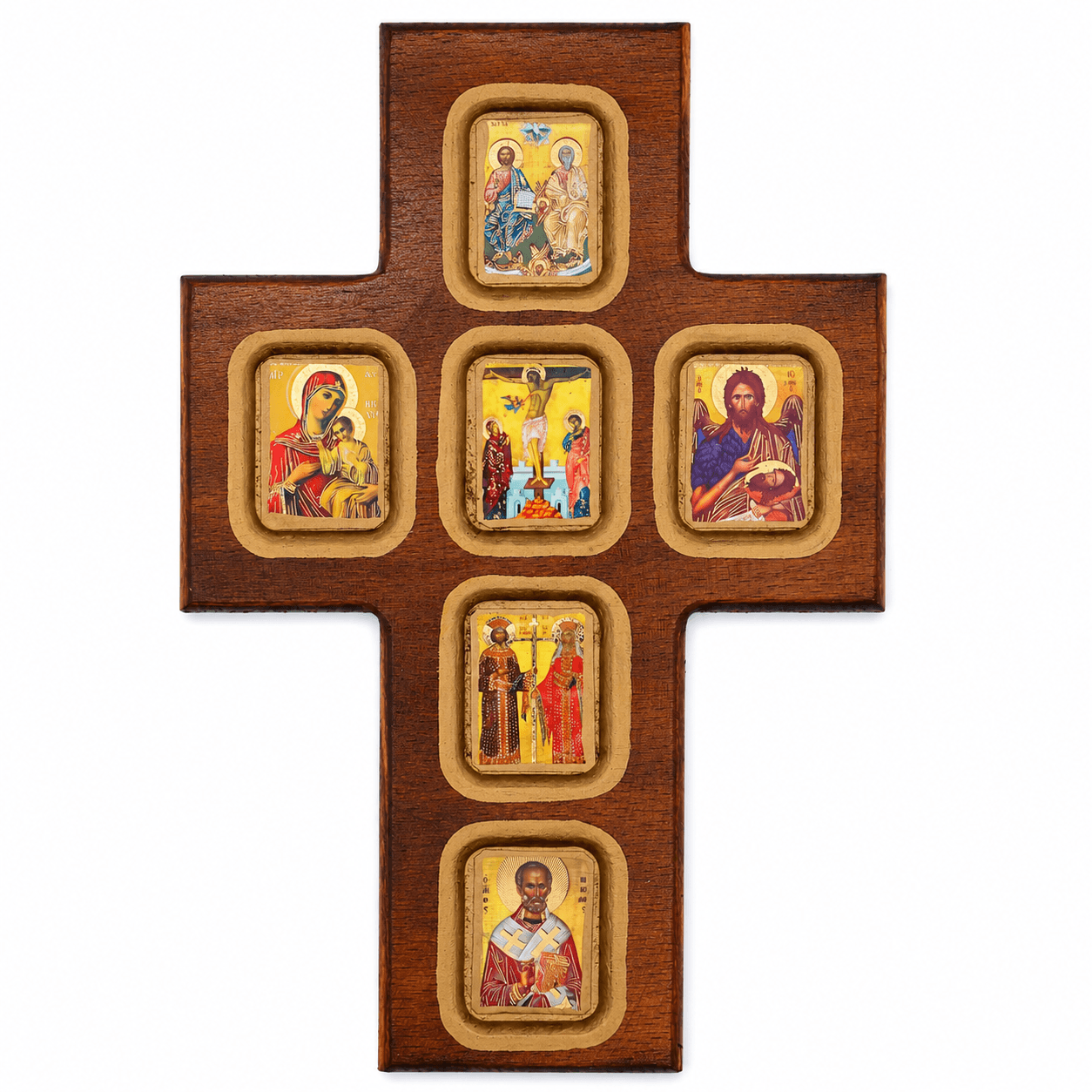 misticSparks Wandkreuz aus Holz mit Ikonen 25 x 15 cm – Kreuz mit Heiligenbildern aus Griechenland – Handgefertigtes Unikat – Christliche Wanddeko – Geschenk zu Taufe, Kommunion