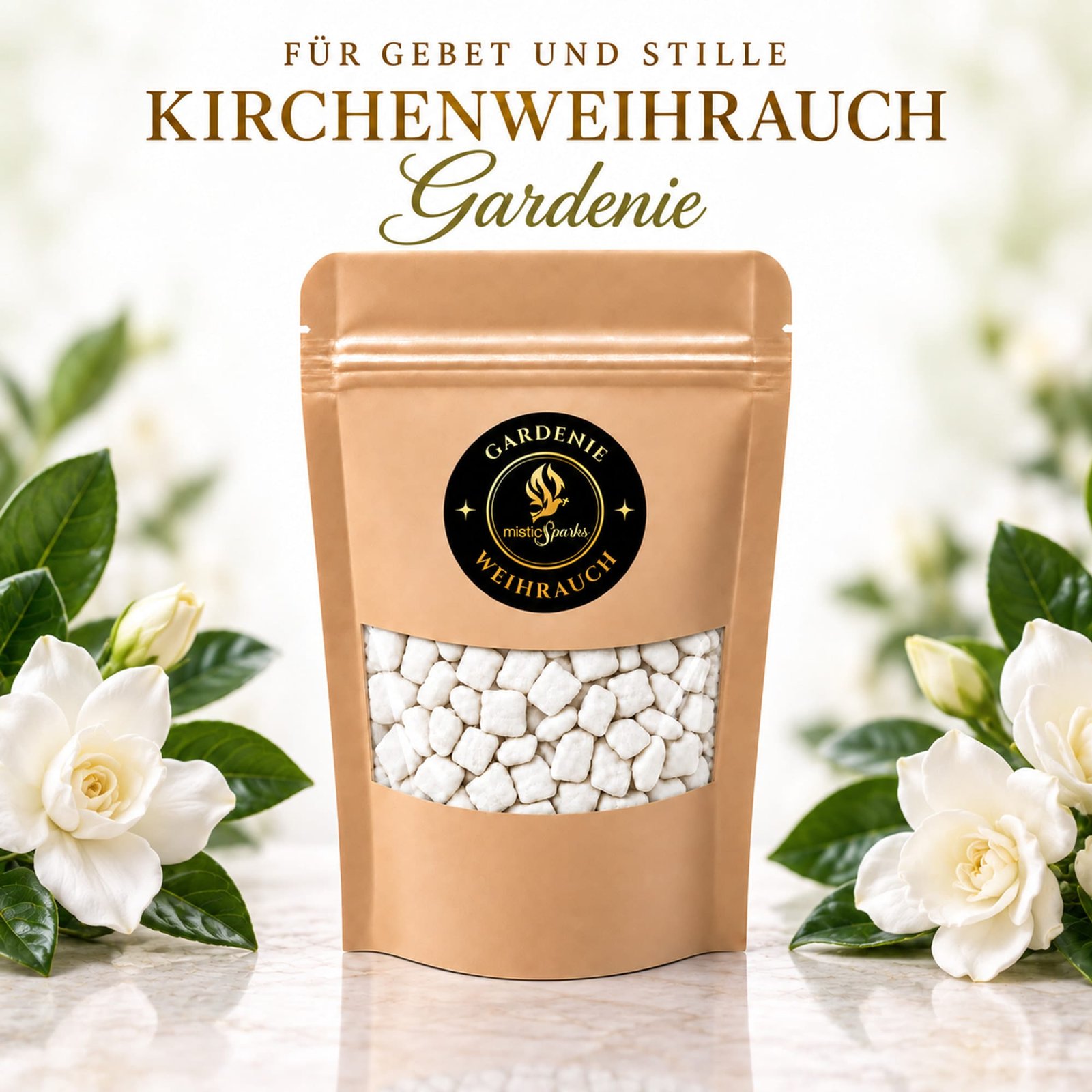 misticSparks Kirchenweihrauch Gardenie im Beutel mit dekorativem Duftmotiv
