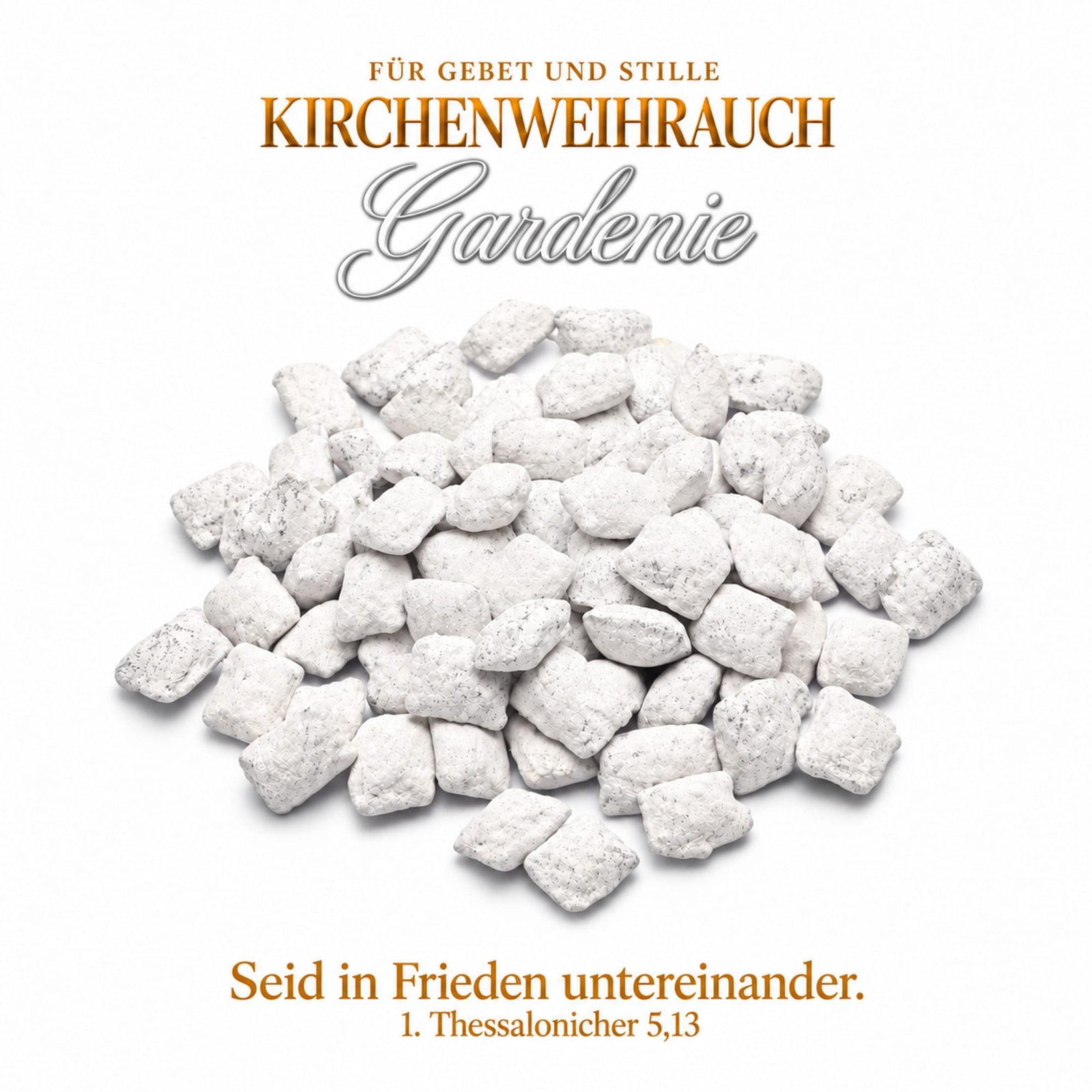 misticSparks Kirchenweihrauch Gardenie als lose Weihrauchkörner auf weißem Hintergrund