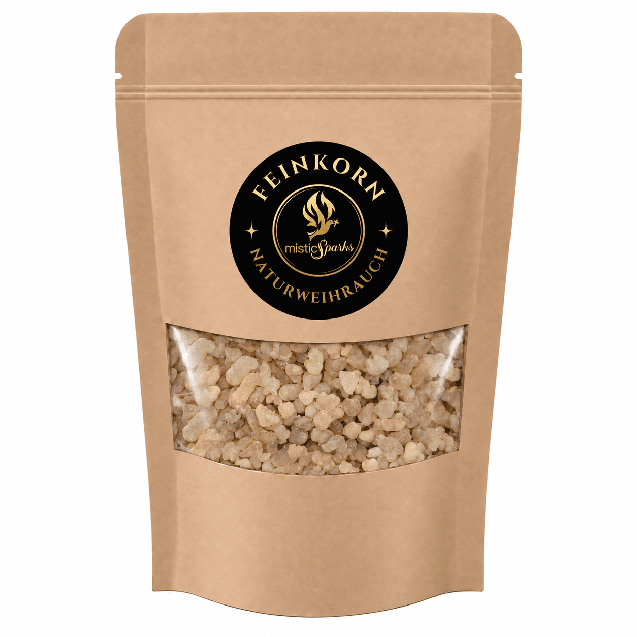 Naturweihrauch Olibanum feinkörnig – reines Boswellia-Harz 50 g bis 500 g 44 misticSparks Naturweihrauch Olibanum Feinkorn im Kraftpapierbeutel auf weißem Hintergrund