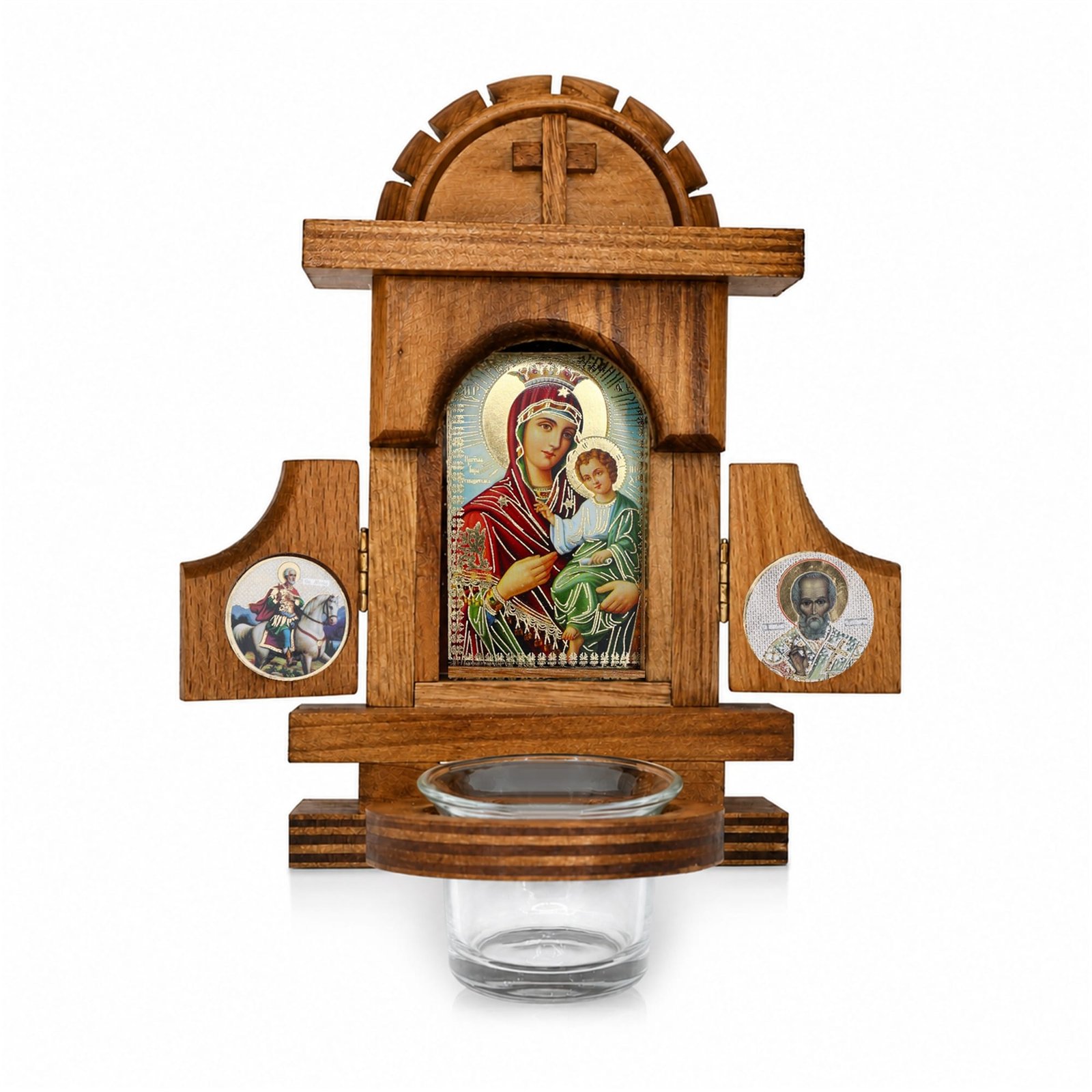 Hausaltar aus Holz mit Öllämpchen – Axion Estin, Gottesmutter mit Engeln
