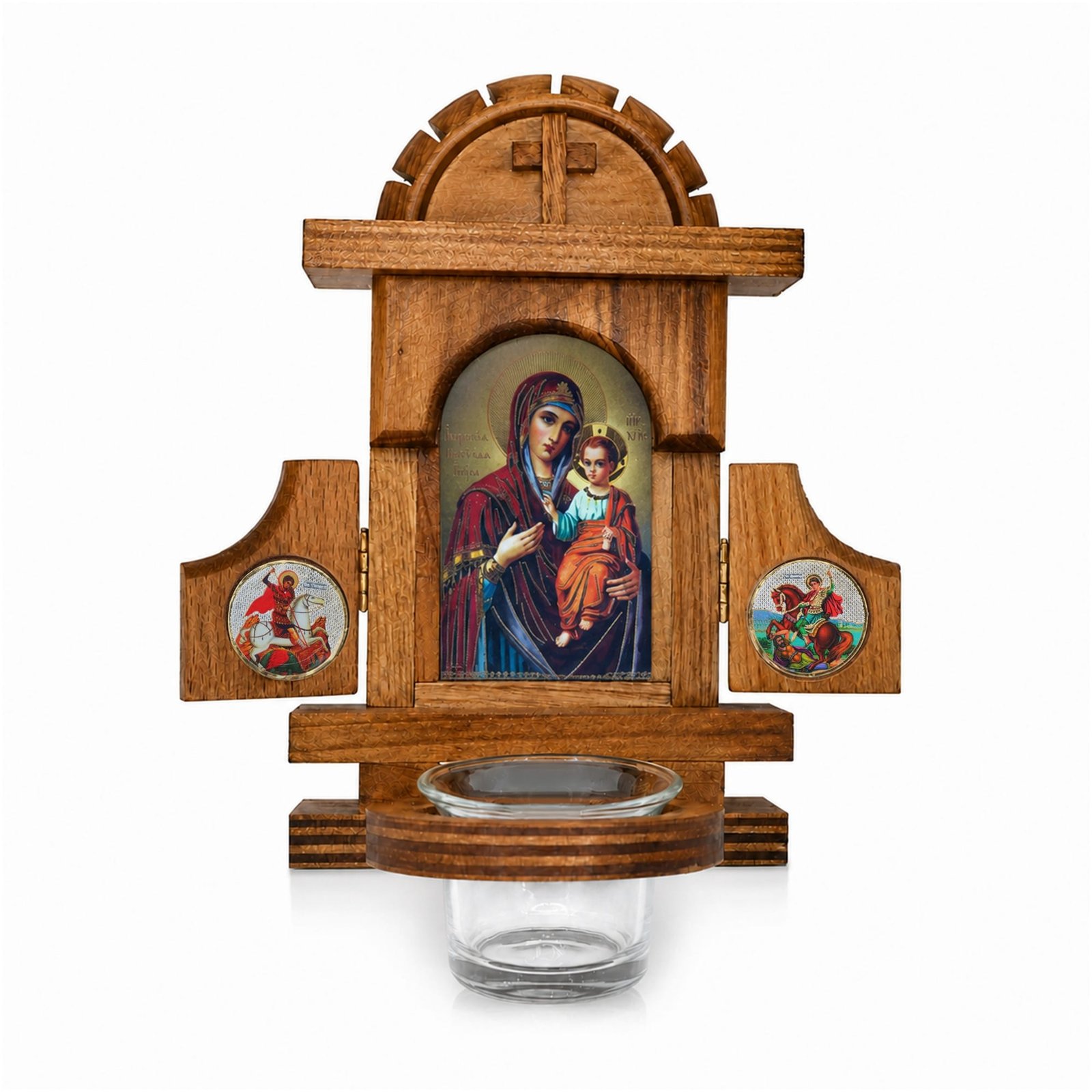 Hausaltar Hodegetria – Produktansicht Hausaltar aus Holz mit Öllämpchen – Hodegetria, Gottesmutter Wegweiserin