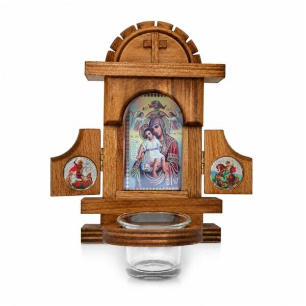 Hausaltar aus Holz mit Öllämpchen – Bürgin der Sünder, Gottesmutter mit Krone