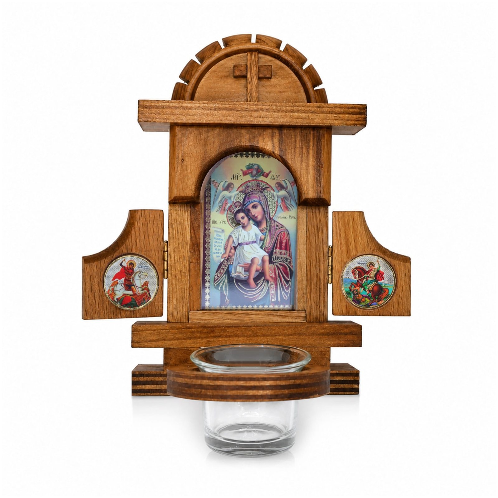 Hausaltar Bürgin der Sünder – Produktansicht Hausaltar aus Holz mit Öllämpchen – Bürgin der Sünder, Gottesmutter mit Krone