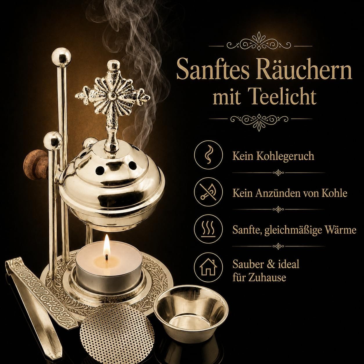 Weihrauchbrenner Messing goldfarben – Räucherstövchen – Detailaufnahme
