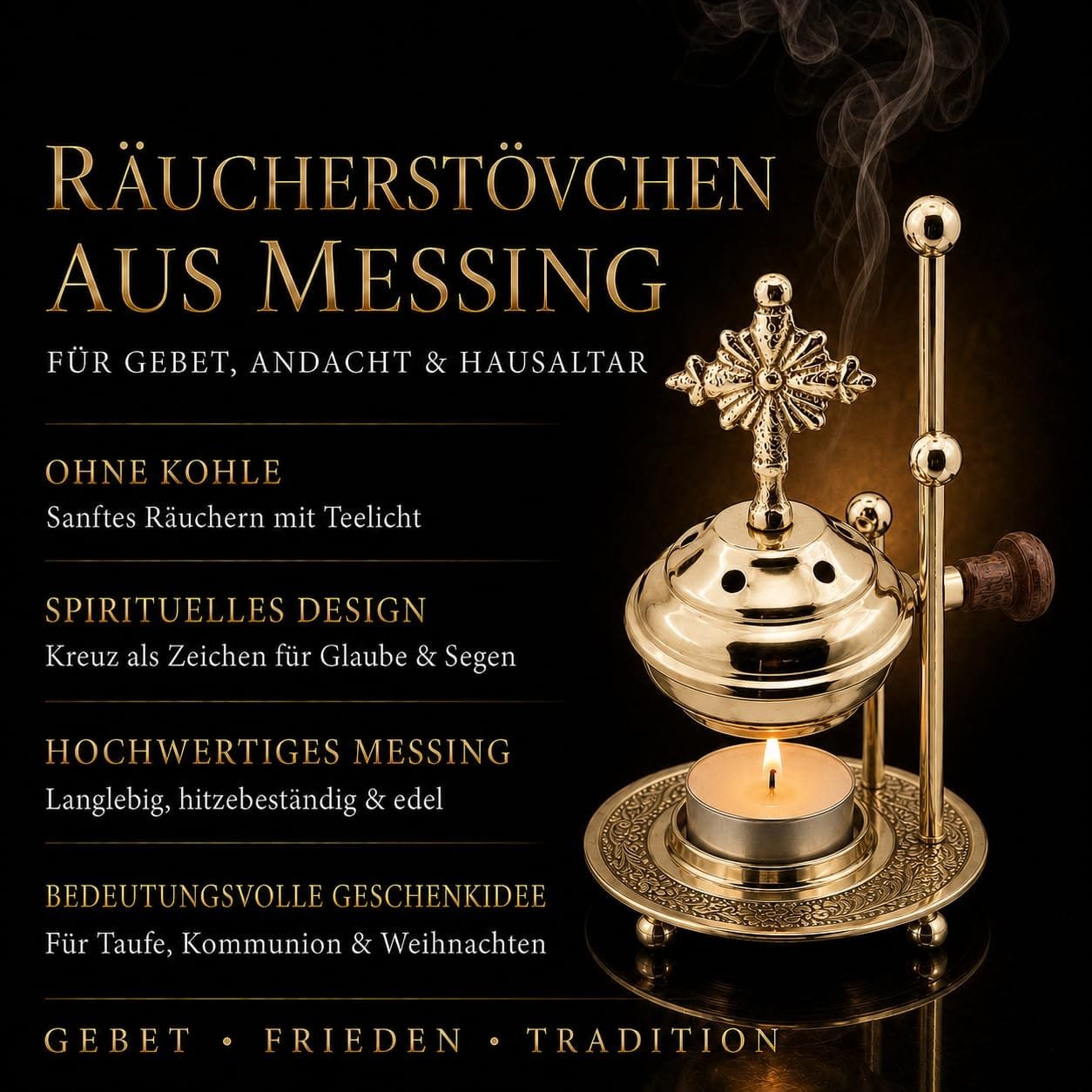 Weihrauchbrenner Messing goldfarben – Räucherstövchen – Detailaufnahme