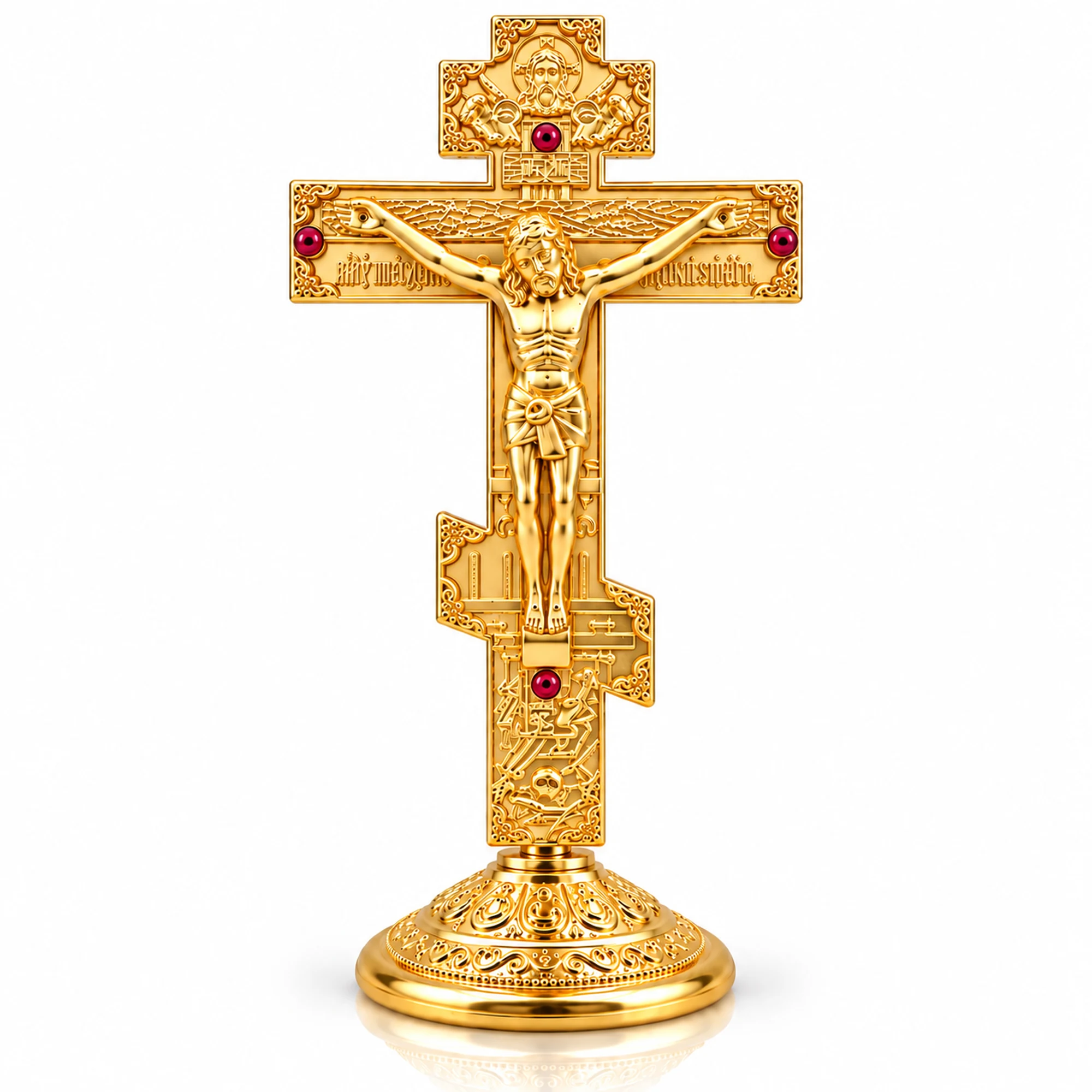 Christliche Weihnachtsgeschenke – Ideen mit Bedeutung 12 Christliches Standkreuz in Goldoptik mit dekorativem Sockel und roten Schmucksteinen auf weißem Hintergrund