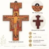 Wandkreuz San Damiano aus Holz – Franziskuskreuz mit Ikonenmotiv 8 Wandkreuz San Damiano aus Holz – Franziskuskreuz mit Ikonenmotiv, Vorderseite im Ikonenstil, Rückseite und Aufhängung im Detail
