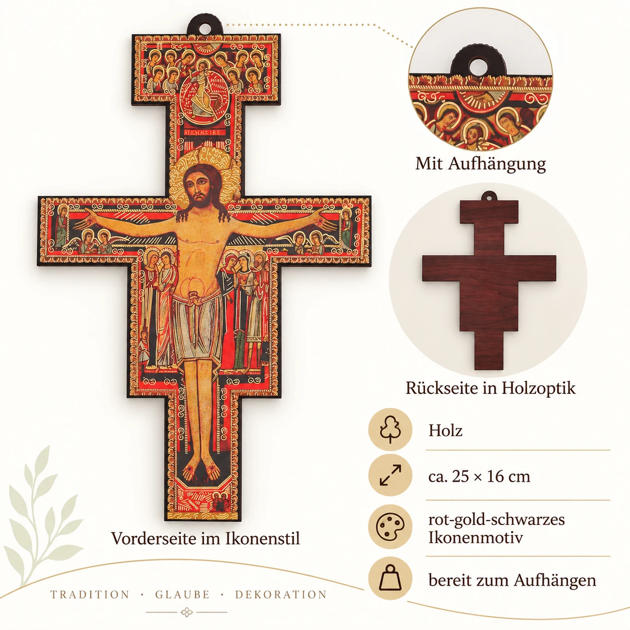 Wandkreuz San Damiano aus Holz – Franziskuskreuz mit Ikonenmotiv 2 Wandkreuz San Damiano aus Holz – Franziskuskreuz mit Ikonenmotiv, Vorderseite im Ikonenstil, Rückseite und Aufhängung im Detail