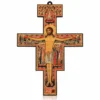 Wandkreuz San Damiano aus Holz – Franziskuskreuz mit Ikonenmotiv 7 Wandkreuz San Damiano aus Holz – Franziskuskreuz mit Ikonenmotiv, Vorderseite mit der Ikone in Rot und Gold vor weißem Hintergrund