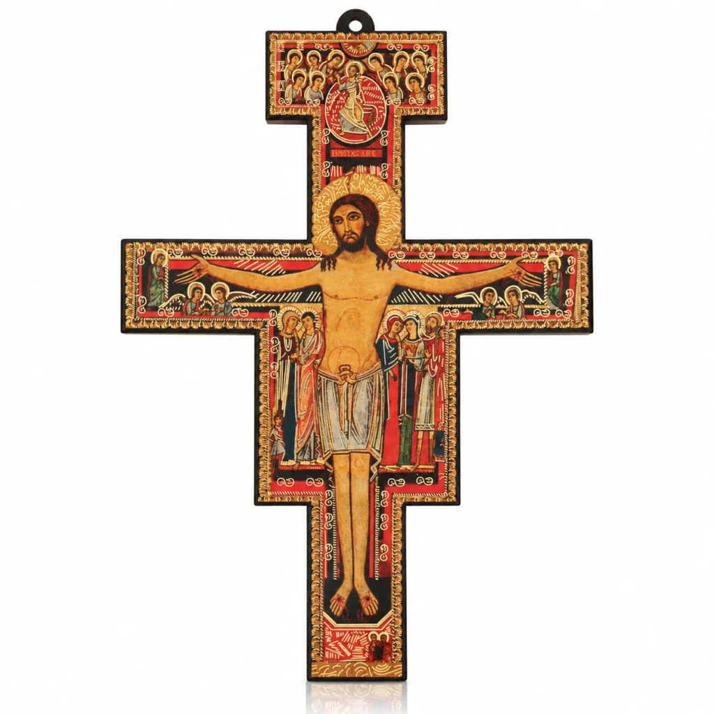Wandkreuz San Damiano aus Holz – Franziskuskreuz mit Ikonenmotiv 13 Wandkreuz San Damiano aus Holz – Franziskuskreuz mit Ikonenmotiv, Vorderseite mit der Ikone in Rot und Gold vor weißem Hintergrund