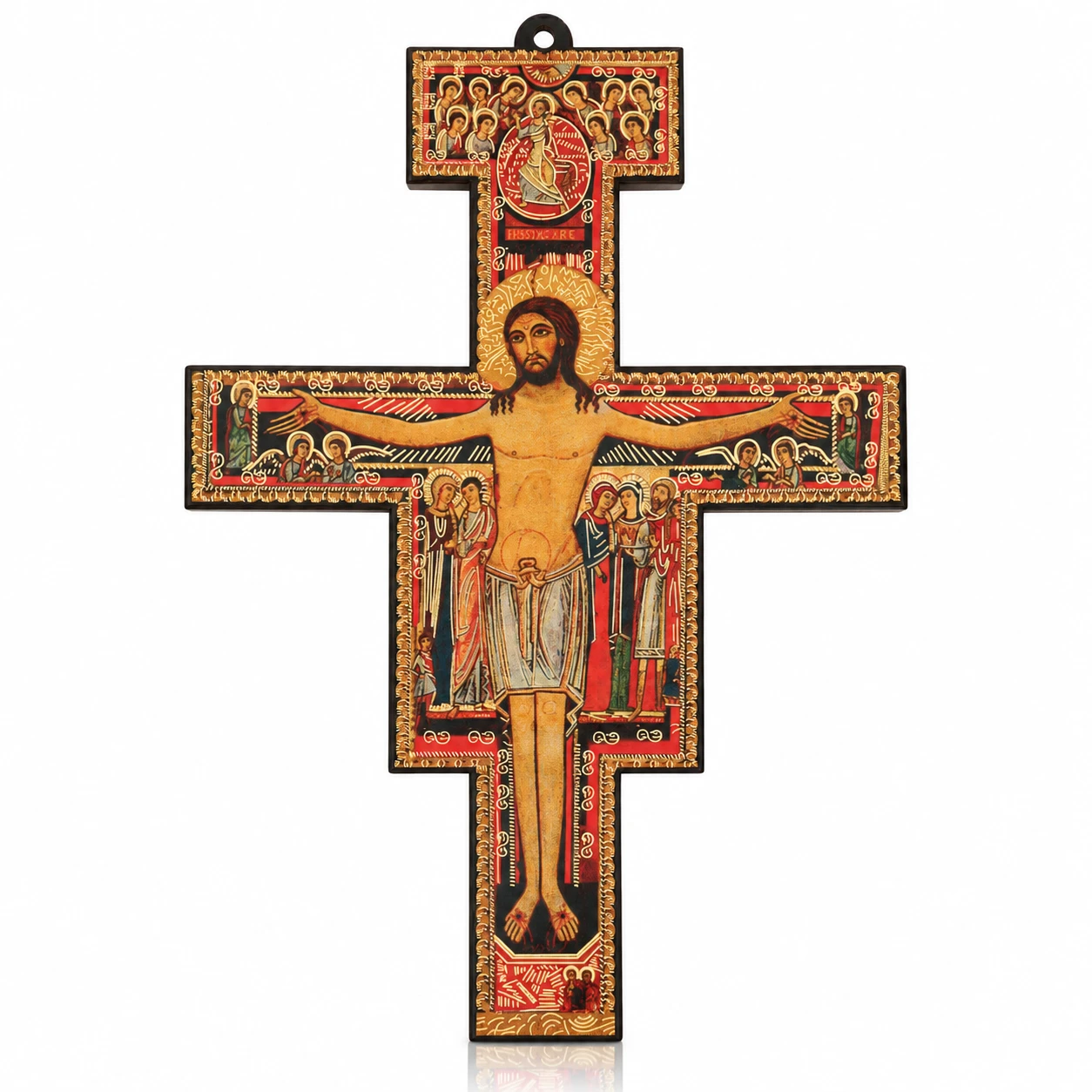 Wandkreuz San Damiano aus Holz – Franziskuskreuz mit Ikonenmotiv 1 Wandkreuz San Damiano aus Holz – Franziskuskreuz mit Ikonenmotiv, Vorderseite mit der Ikone in Rot und Gold vor weißem Hintergrund