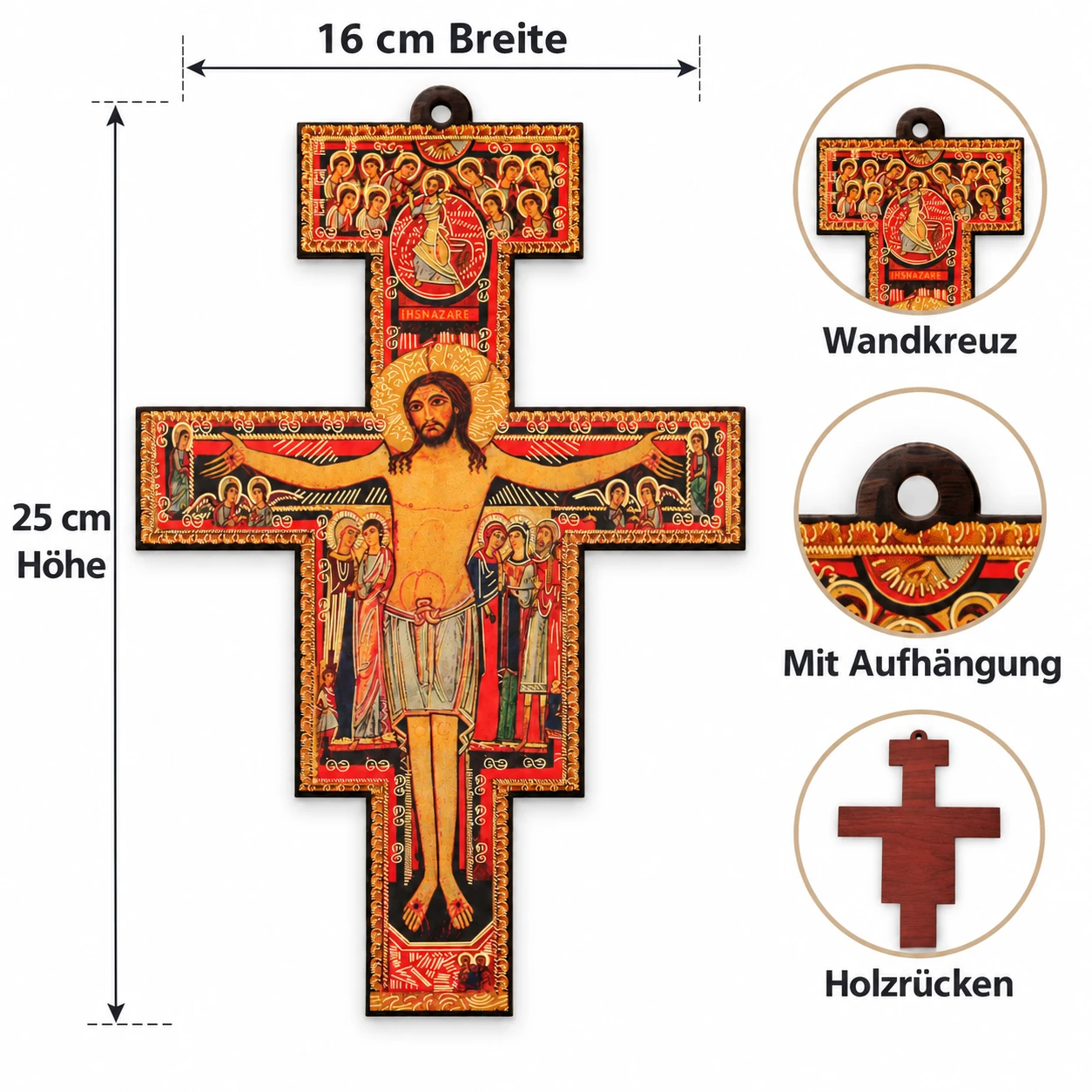 Wandkreuz San Damiano aus Holz – Franziskuskreuz mit Ikonenmotiv 3 Wandkreuz San Damiano aus Holz – Franziskuskreuz mit Ikonenmotiv, ca. 25 cm hoch und 16 cm breit, mit eingearbeiteter Aufhängung