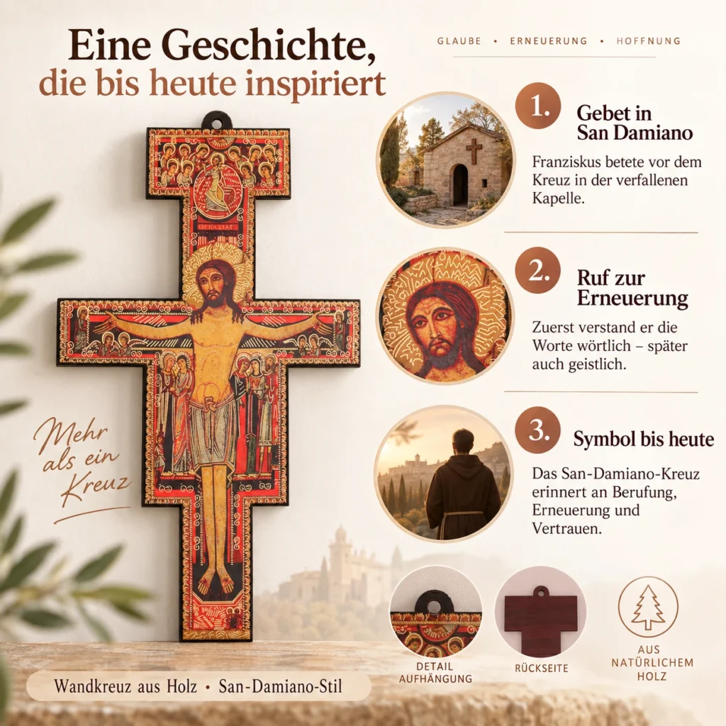 Wandkreuz San Damiano aus Holz – Franziskuskreuz mit Ikonenmotiv 14 Wandkreuz San Damiano aus Holz – Franziskuskreuz mit Ikonenmotiv, die Geschichte von Gebet, Berufung und Erneuerung in Assisi
