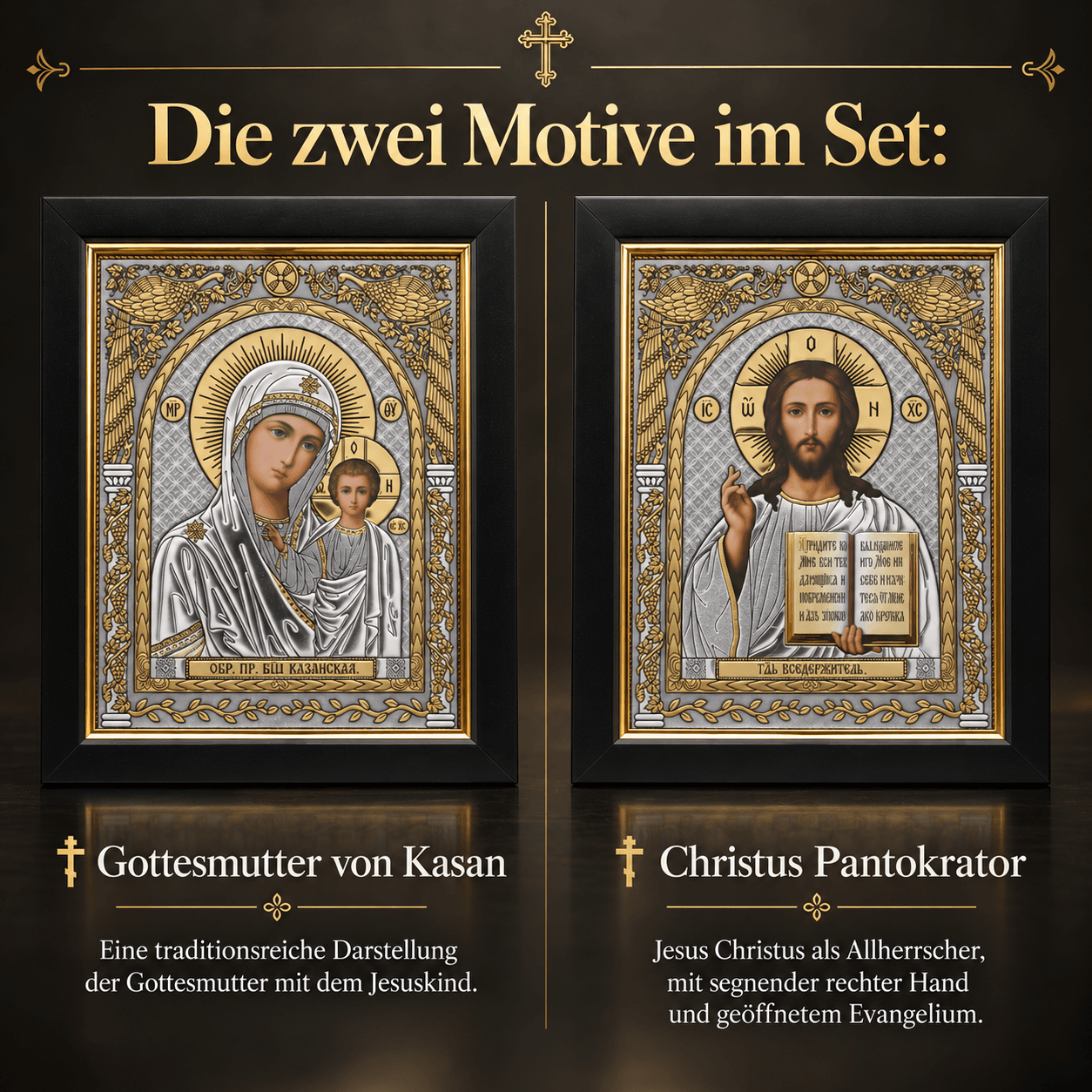 2-ikonen-set-kasan-pantokrator-die-zwei-motive Die zwei Motive im Set: Gottesmutter von Kasan und Christus Pantokrator
