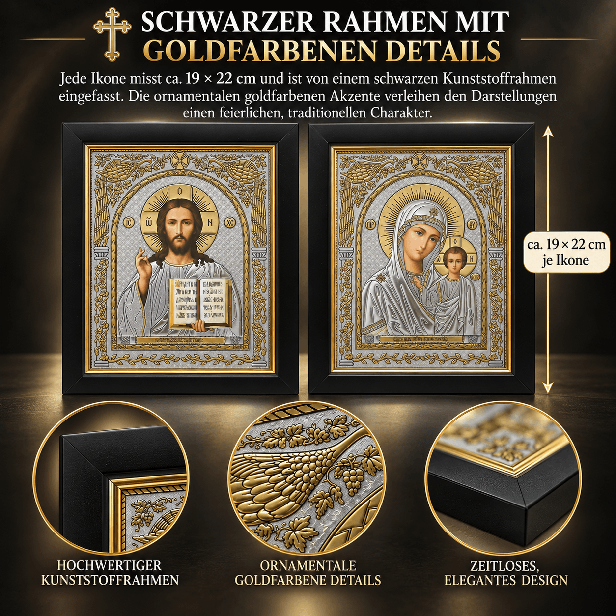 3-ikonen-set-kasan-pantokrator-schwarzer-rahmen-golddetails Schwarzer Kunststoffrahmen mit goldfarbenen Ornamenten, Detailaufnahme