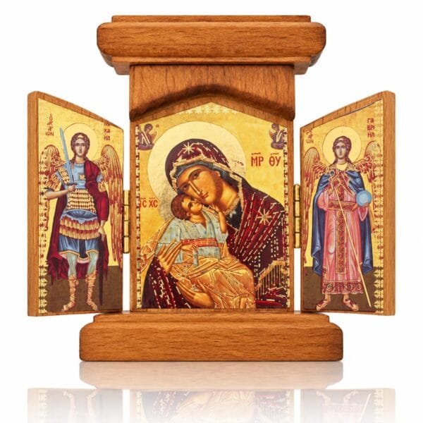 Klappbares Holz-Triptychon mit der Gottesmutter der Zärtlichkeit und den Erzengeln Michael und Gabriel