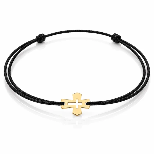 Armband Tiny Cross aus 585er Gold mit kleinem Kreuz an schwarzem Band