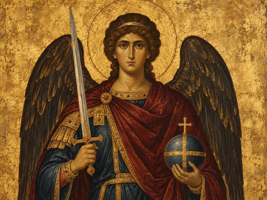 Erzengel Michael mit Schwert und Sphäre – Illustration im byzantinischen Ikonenstil