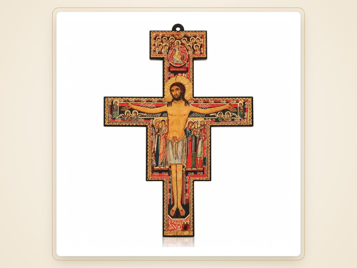 Franz von Assisi und das Kreuz von San Damiano 1 Wandkreuz San Damiano aus Holz – Franz von Assisi